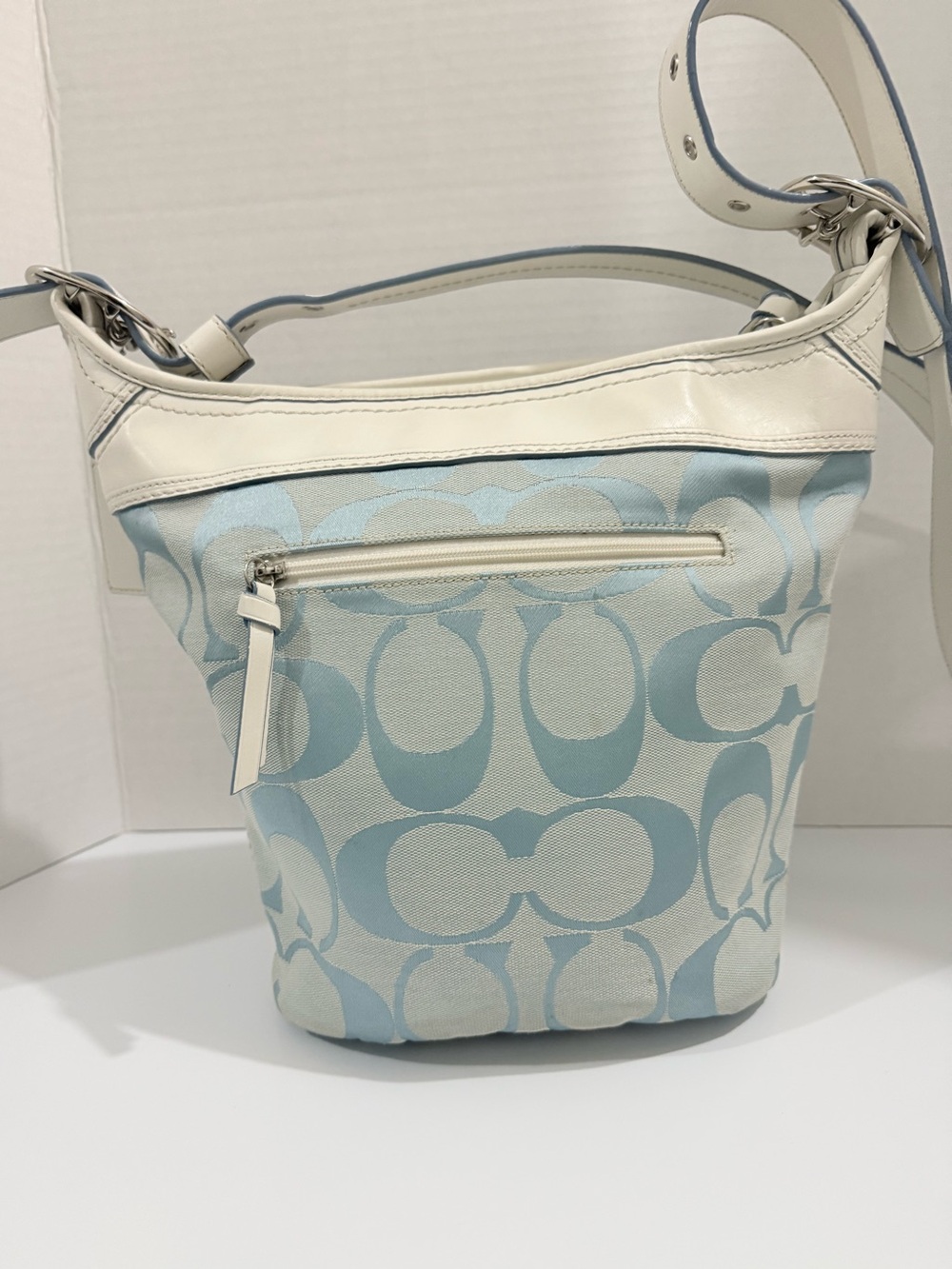 Coach F13358 Signature Bucket Bag Blue & White Canvas Leather Crossbody - Picture 2 of 12